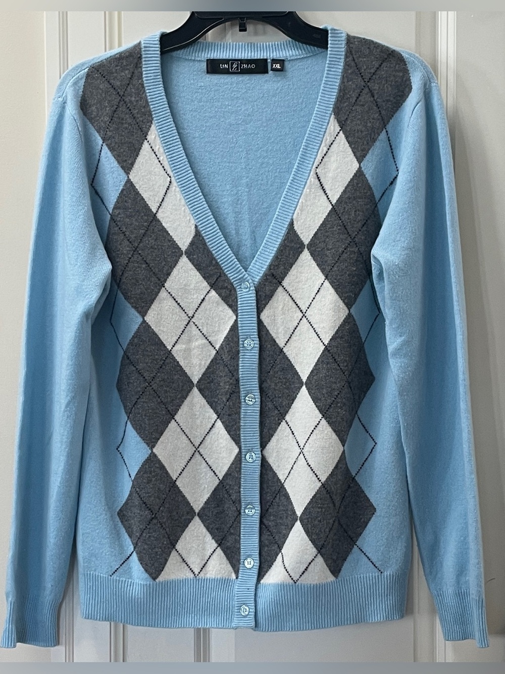 100% Cashmere Argyle Cardigan Blue Grey Cream Preppy - Picture 2 of 5